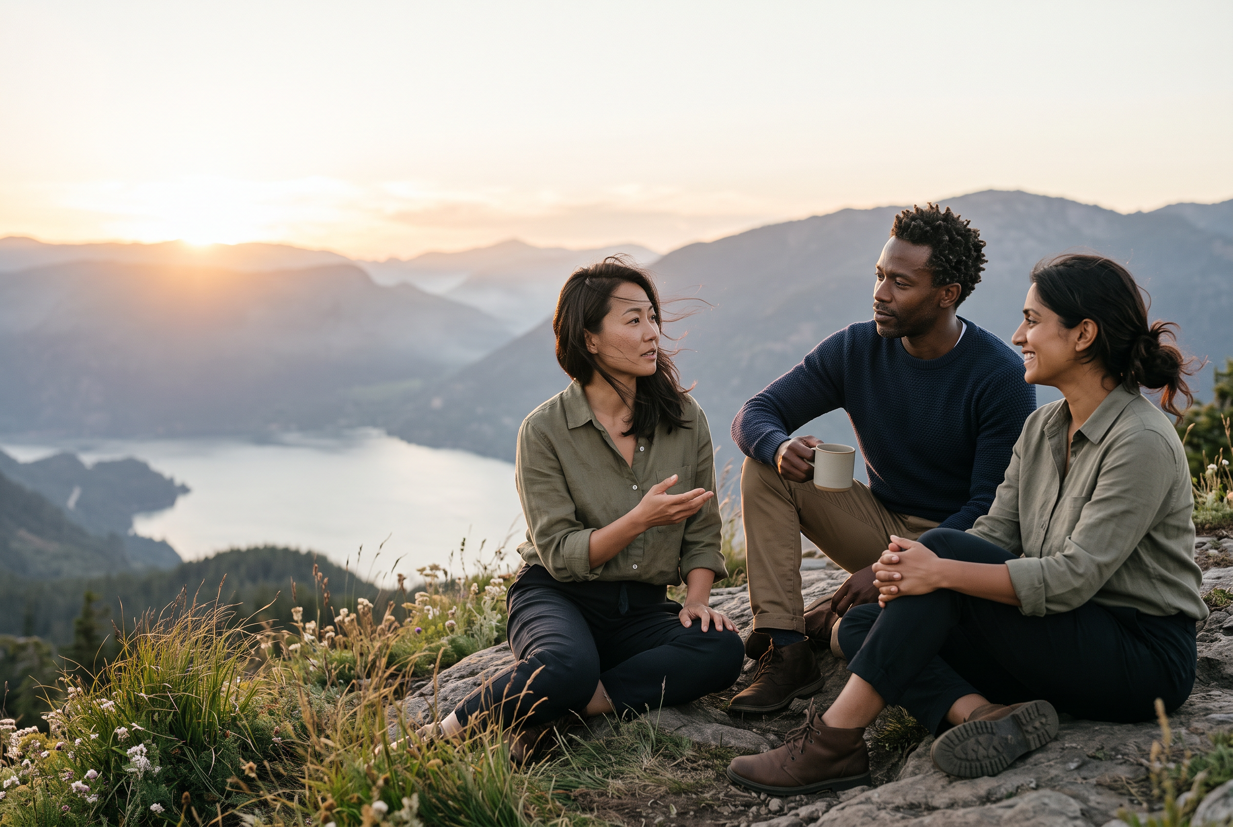 Three people sharing a thoughtful conversation on a mountain overlook