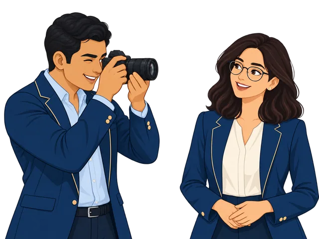 An illustrated Indian man photographing a smiling woman in the site's comic style
