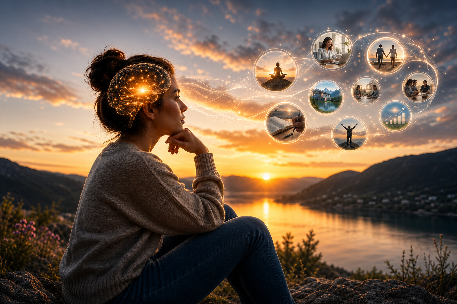 A thoughtful woman at sunset envisioning connected possibilities for life and leadership