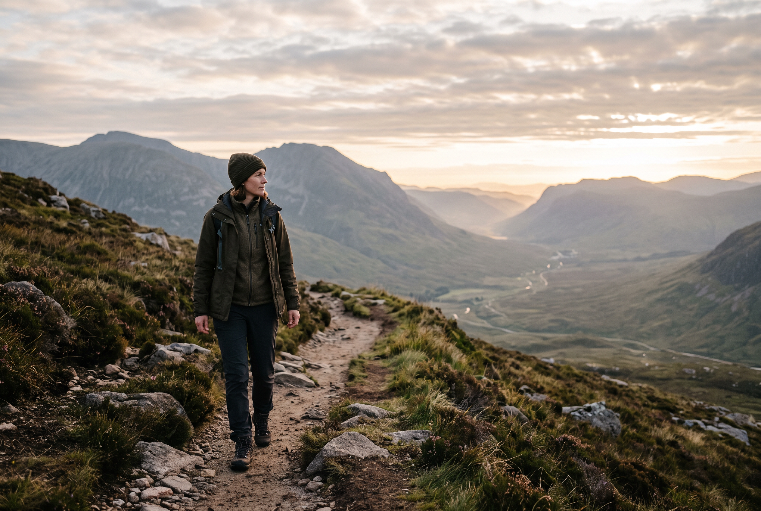 A person walking a quiet mountain path toward the morning light